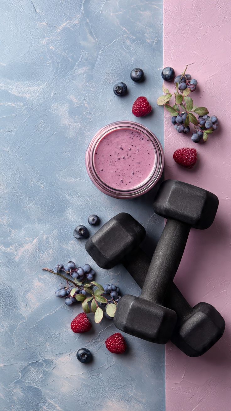 Batido y mancuernas, representando alimentación y hábitos saludables